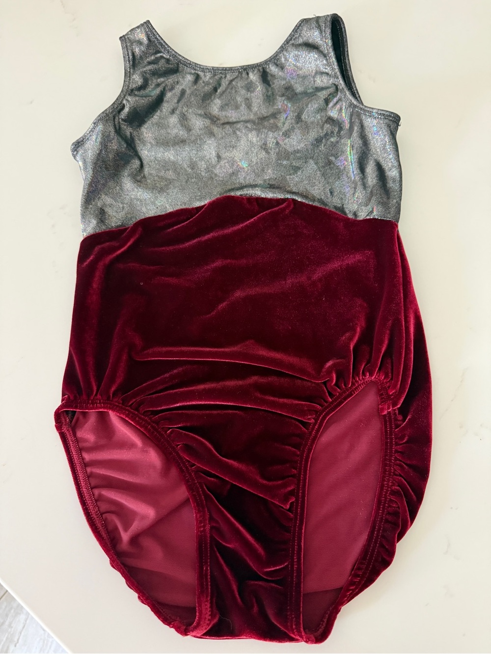 GK Elite Gymnastics Leotard Burgundy Velvet Silver Holographic Tank Large